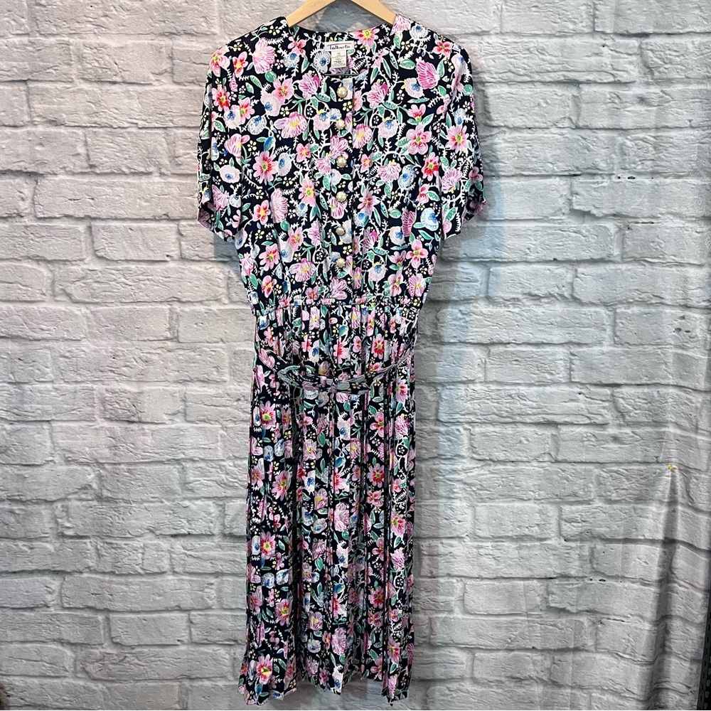 Vintage Talbots Size 10 Floral Print Button Up Belted Short Sleeve Maxi Dress